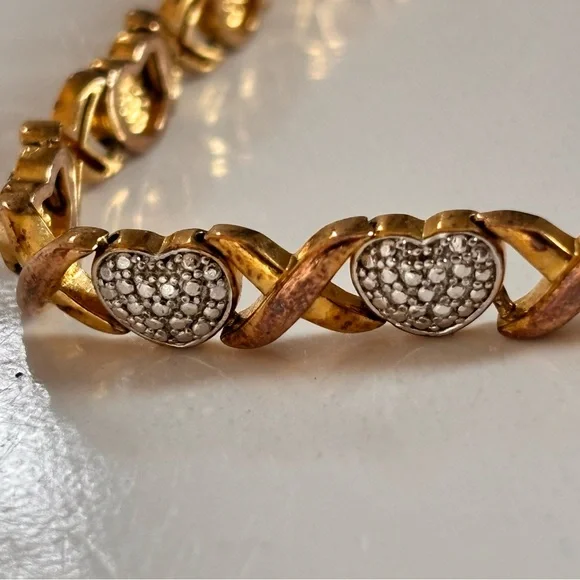 PAJ BR Gold & Silver  Tone Heart Tennis Charm Bracelet Metal Box Clasp - Picture 5 of 9